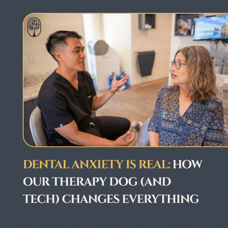 Dr. Tex Mabalon, a Sacramento dentist, sitting and talking with a relaxed patient in a modern dental office while Dr. Pepper, the resident therapy dog, rests nearby to help with dental anxiety.