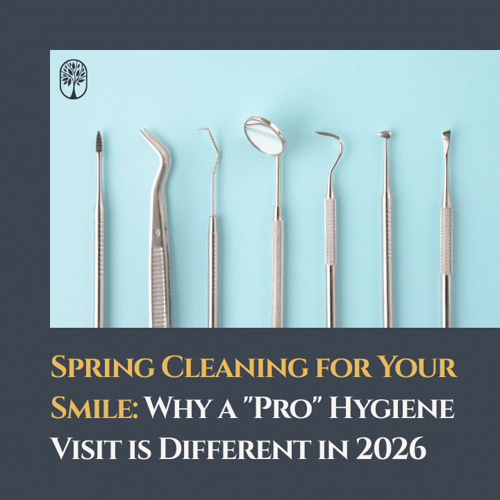 A collection of stainless steel dental instruments including explorers and mirrors arranged on a light blue background.