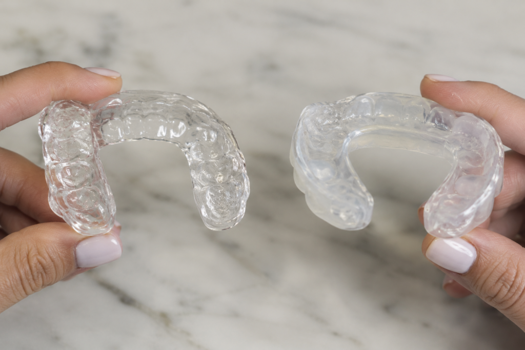 A custom night guard and a TMJ stabilization splint side by side.